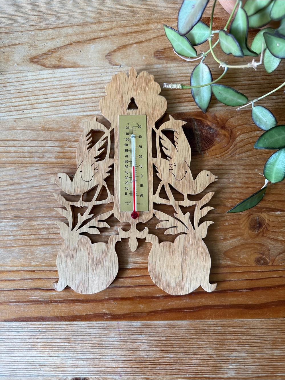 Vintage Wood Carved Bird Thermometer Wall Plaque